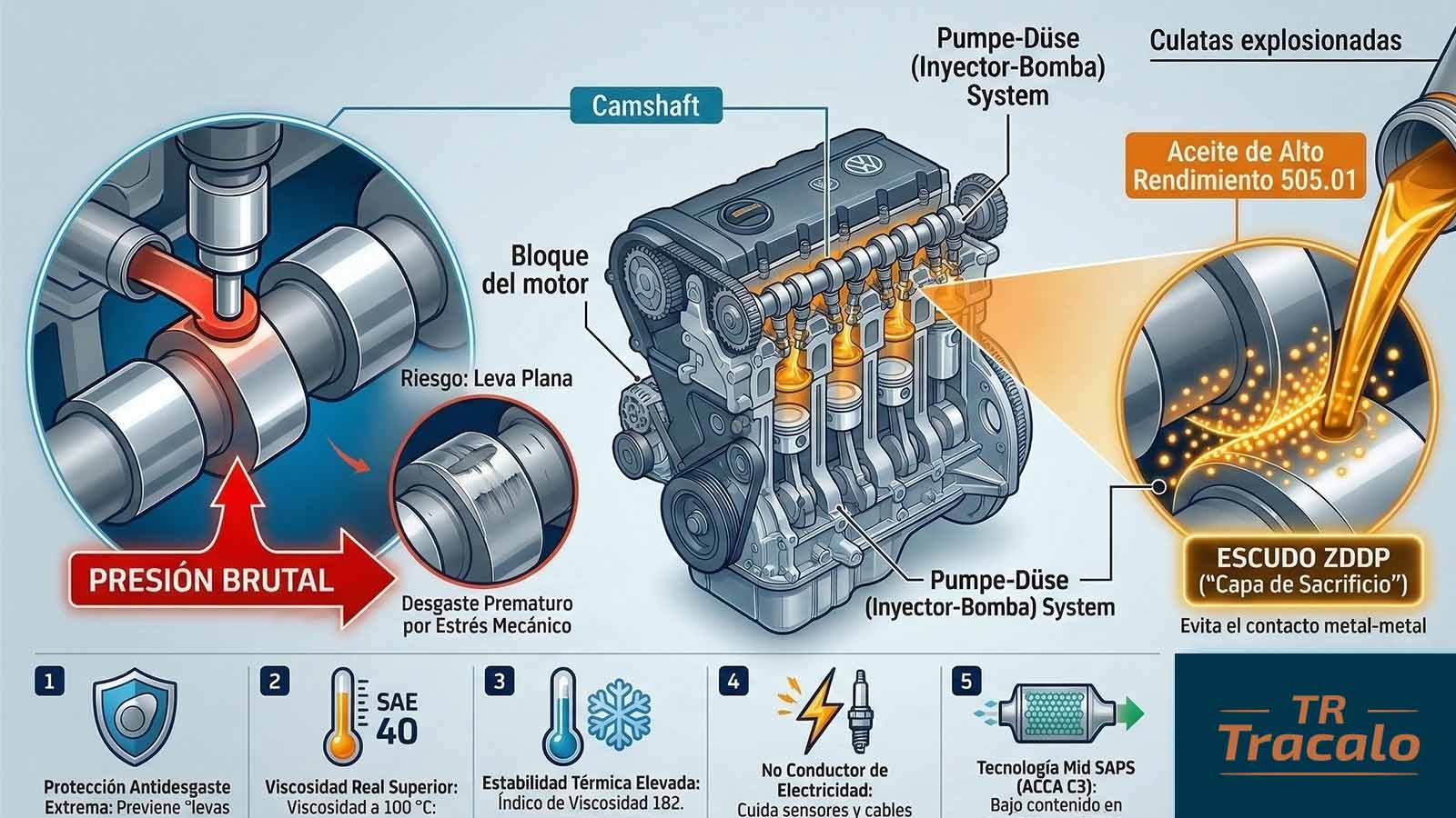Infografía levas dónde actúa el aceite en el sistema inyector-bomba