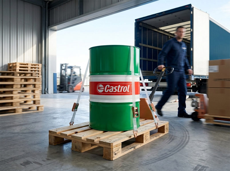 Bidón Castrol GTX 5W30 C3 de 208 litros flejado en palé para envío urgente desde el almacén de Tracalo