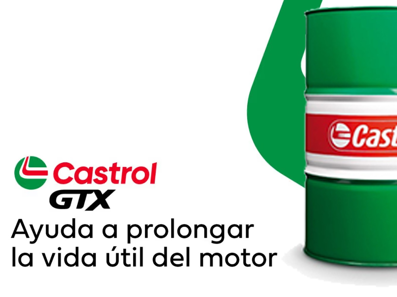 Banner informativo de Castrol GTX 5W30 C3 con bidón de aceite y texto ayuda a prolongar la vida útil del motor