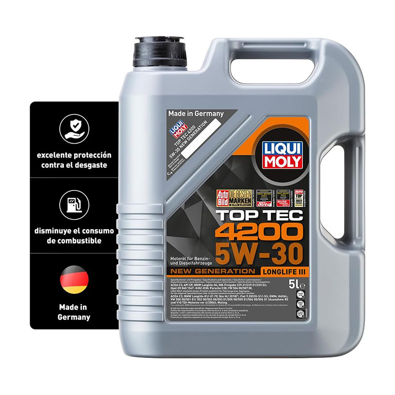 Envase de 1 litro de aceite Liqui Moly Top Tec 4200 5W30 con indicaciones de protección antidesgaste y ahorro de combustible