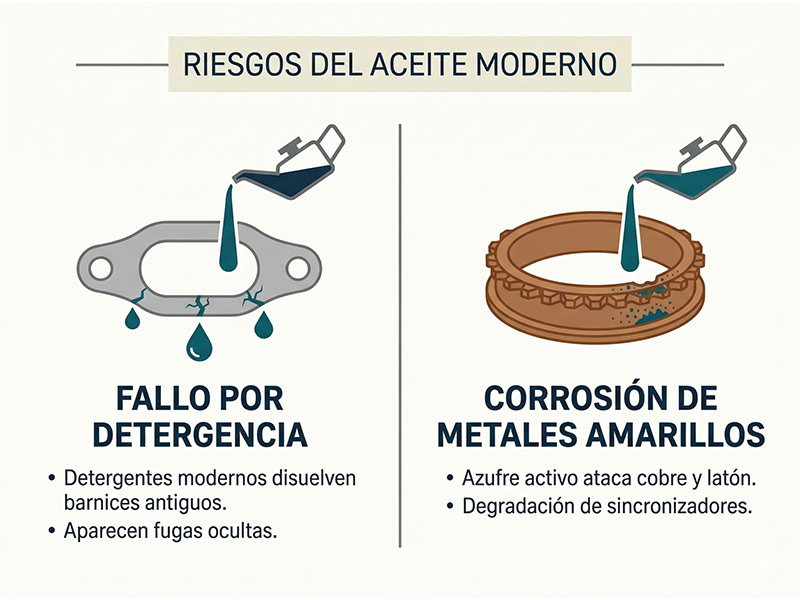 Infografía sobre los riesgos de los aceites modernos en vehículos Youngtimers: detergencia y corrosión de metales amarillos