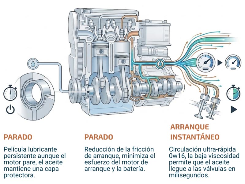Ilustración técnica del ciclo start-stop en un motor híbrido protegido con motul 8100 eco-lite 0w16.