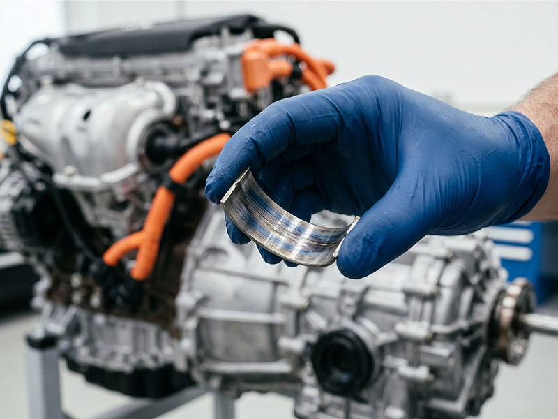 Detalle de un cojinete de biela con daños por cizallamiento y falta de lubricación en un motor híbrido moderno