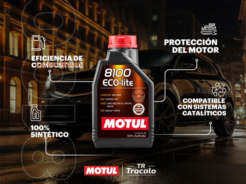 nfografía técnica de Motul 8100 ECO-lite 0W16 que destaca el ahorro de combustible, protección del motor y compatibilidad con sistemas catalíticos.