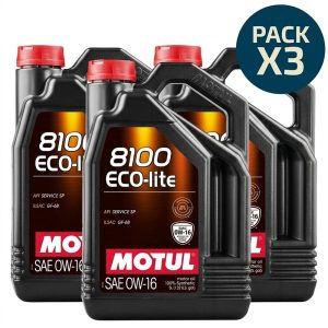 pack de tres garrafas de aceite sintético motul 8100 eco-lite 0w-16 de 5 litros