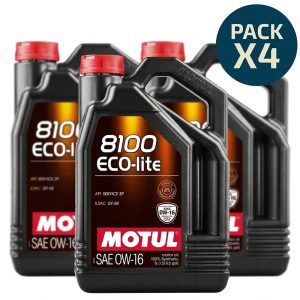 pack de cuatro garrafas de aceite sintético motul 8100 eco-lite 0w-16 de 5 litros