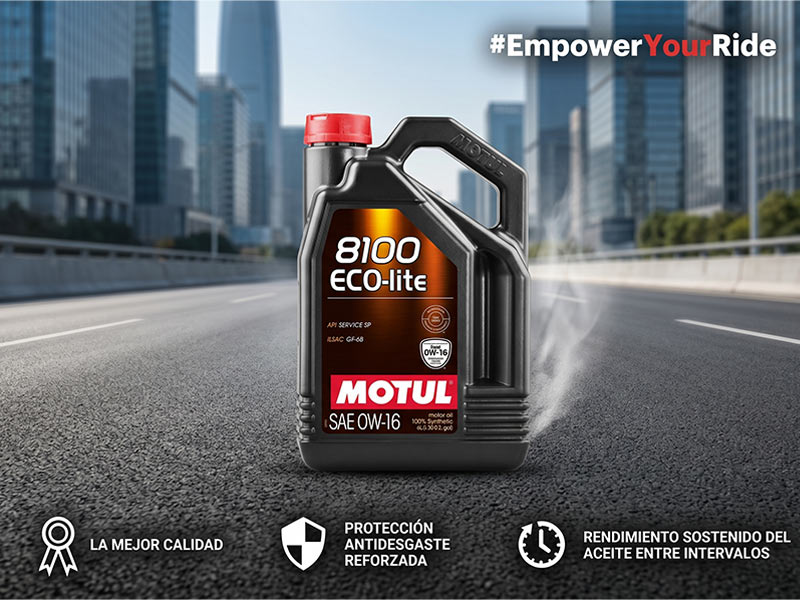 Envase de 5 litros de aceite motul 8100 eco-lite 0w-16 que destaca su protección antidesgaste reforzada y calidad superior para motores modernos.