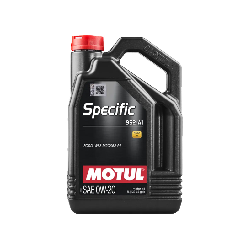 garrafa de 5 litros de aceite sintético Motul Specific 952-A1 0W20 con especificación oficial Ford WSS-M2C952-A1 y ACEA C5