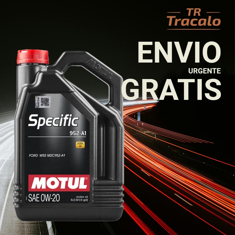 Foto promocional de Tracalo ofreciendo envío urgente gratuito para la garrafa de aceite Motul Specific 952-A1 0W20
