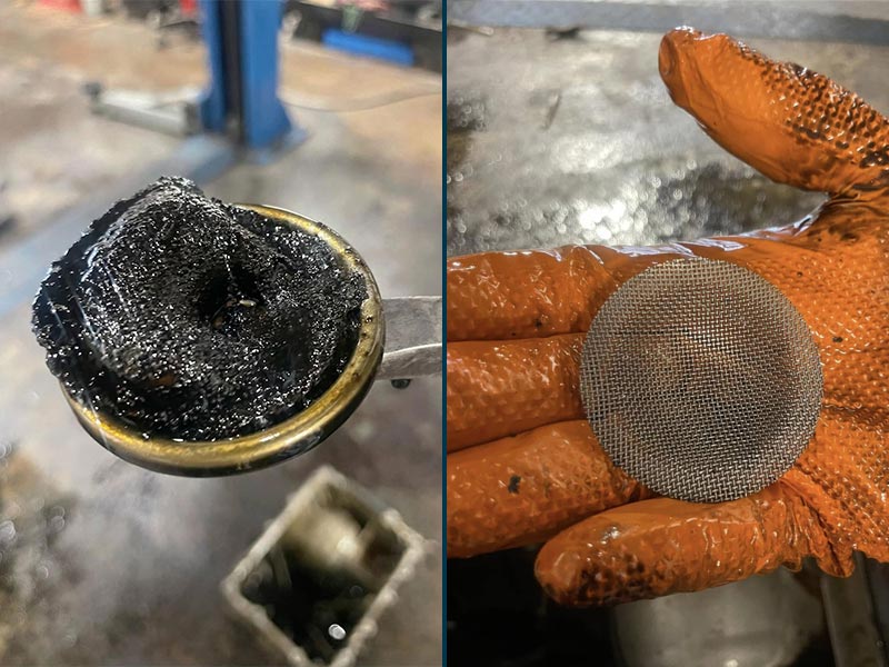Comparativa entre tamiz de succión de aceite obstruido por grumos de caucho degradado de correa húmeda y tamiz metálico limpio